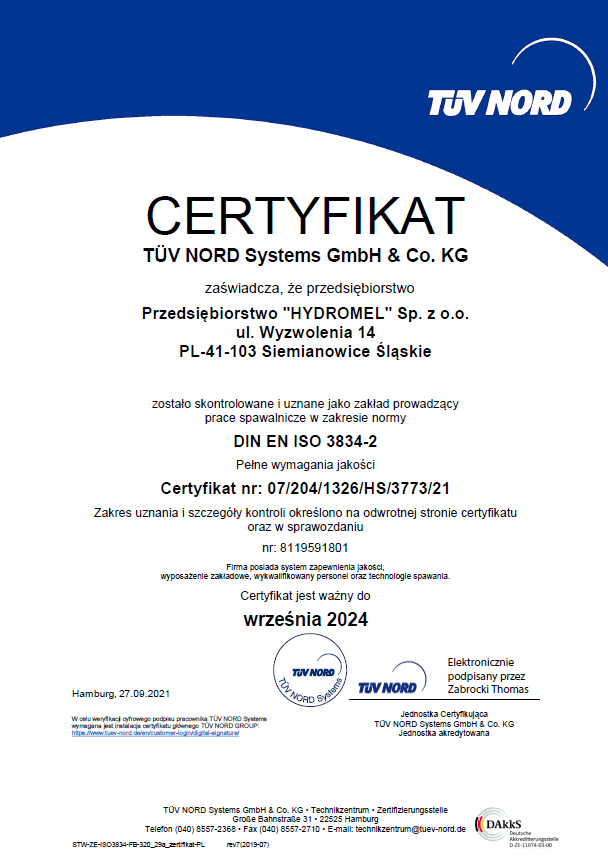 Certyfikat DIN EN ISO 3834-2